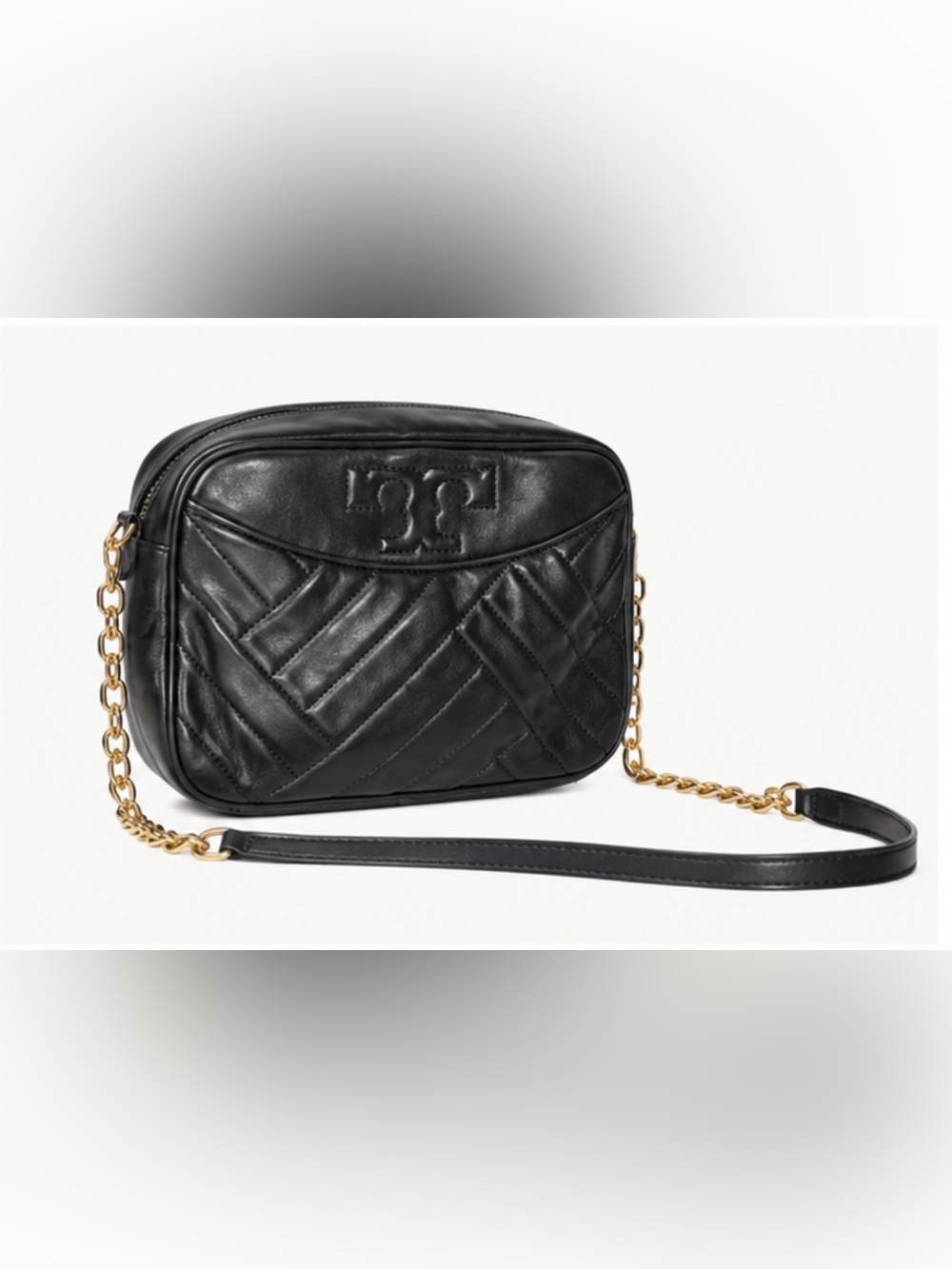 Tory Burch Black Quilted Leather Camera Bag with Gold Chain
